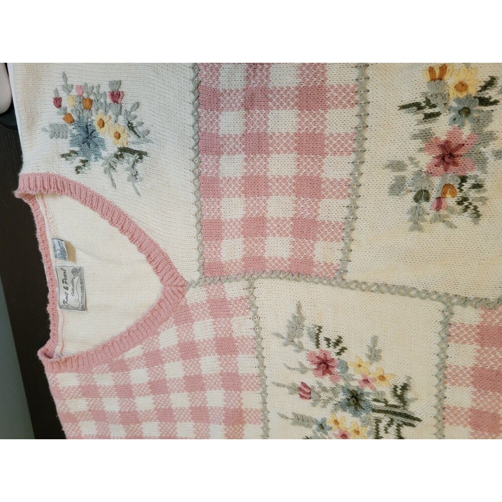 Vintage 90s Knit & Pearl Collectibles Patchwork Sweater Large Cotton Ramie Pink - Picture 10 of 16